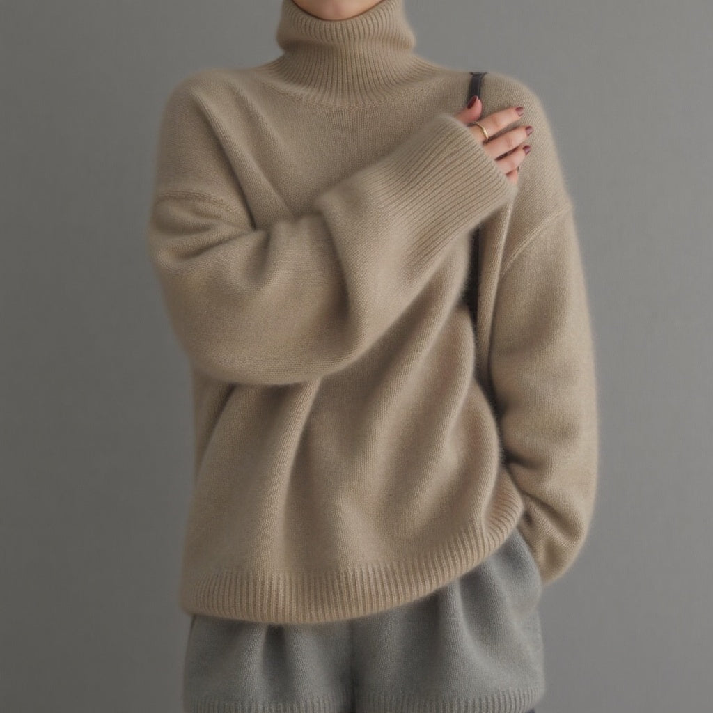Warm women's oversized turtleneck sweater, a cozy and elegant top for stylish winter fashion.