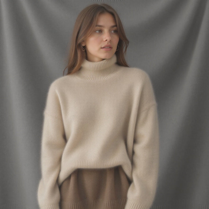 Stylish knit women's oversized turtleneck sweater, perfect for chic casual comfort in winter.