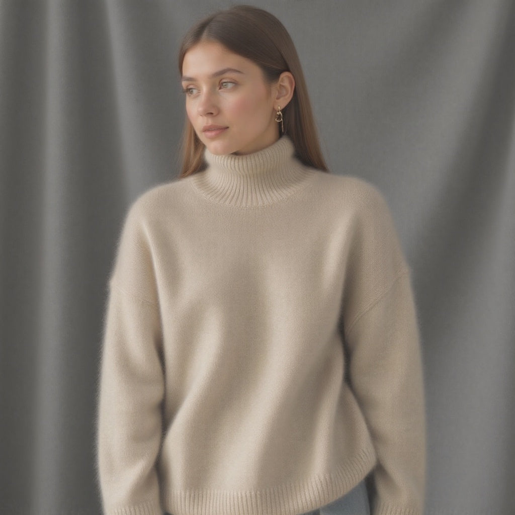 Chic oversized turtleneck sweater, a stylish knit for women's casual comfort & winter fashion.