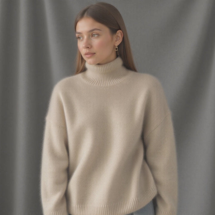 Chic oversized turtleneck sweater, a stylish knit for women's casual comfort & winter fashion.