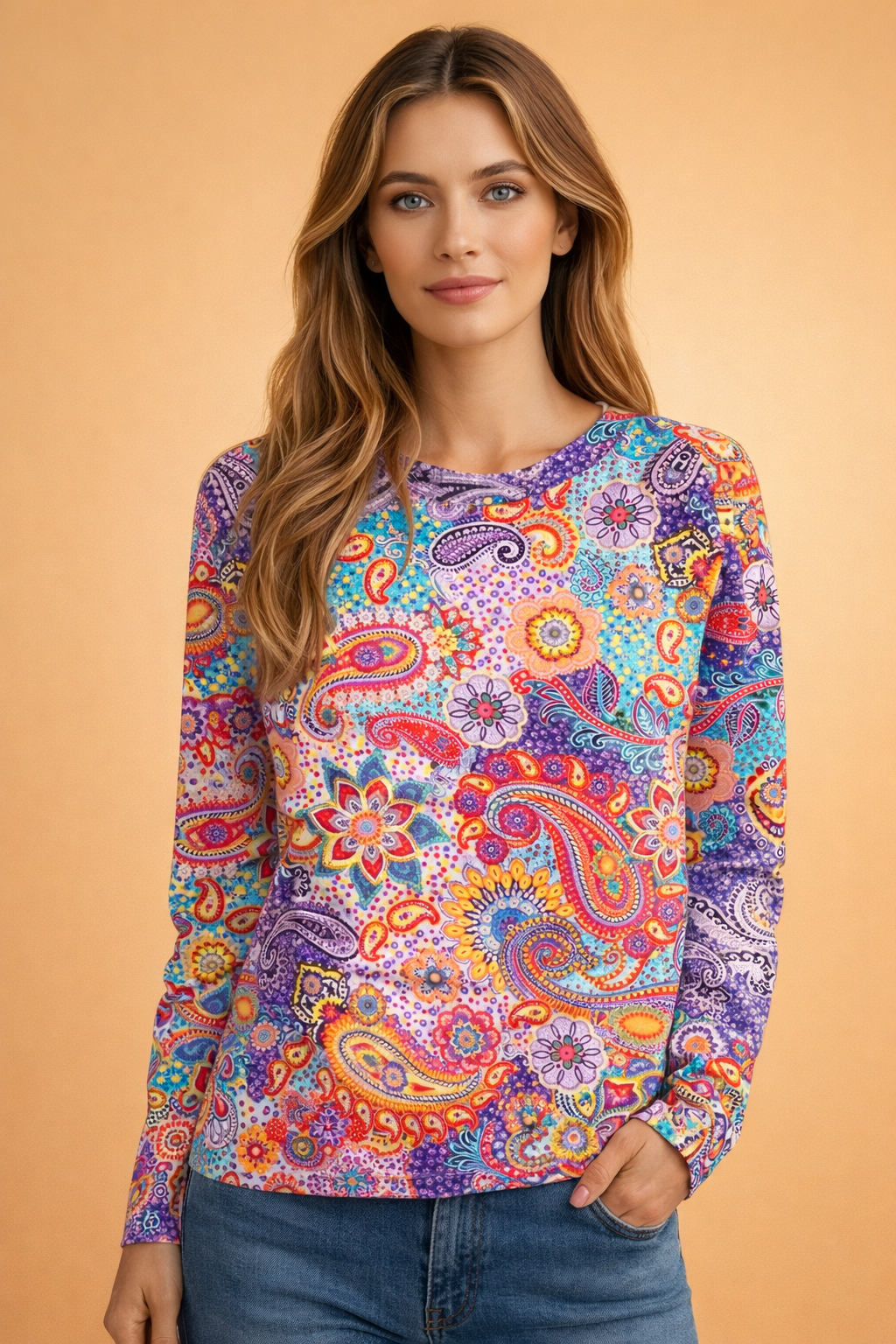 Women's paisley print pullover sweater, comfortable long sleeve top for chic everyday style & fall fashion.