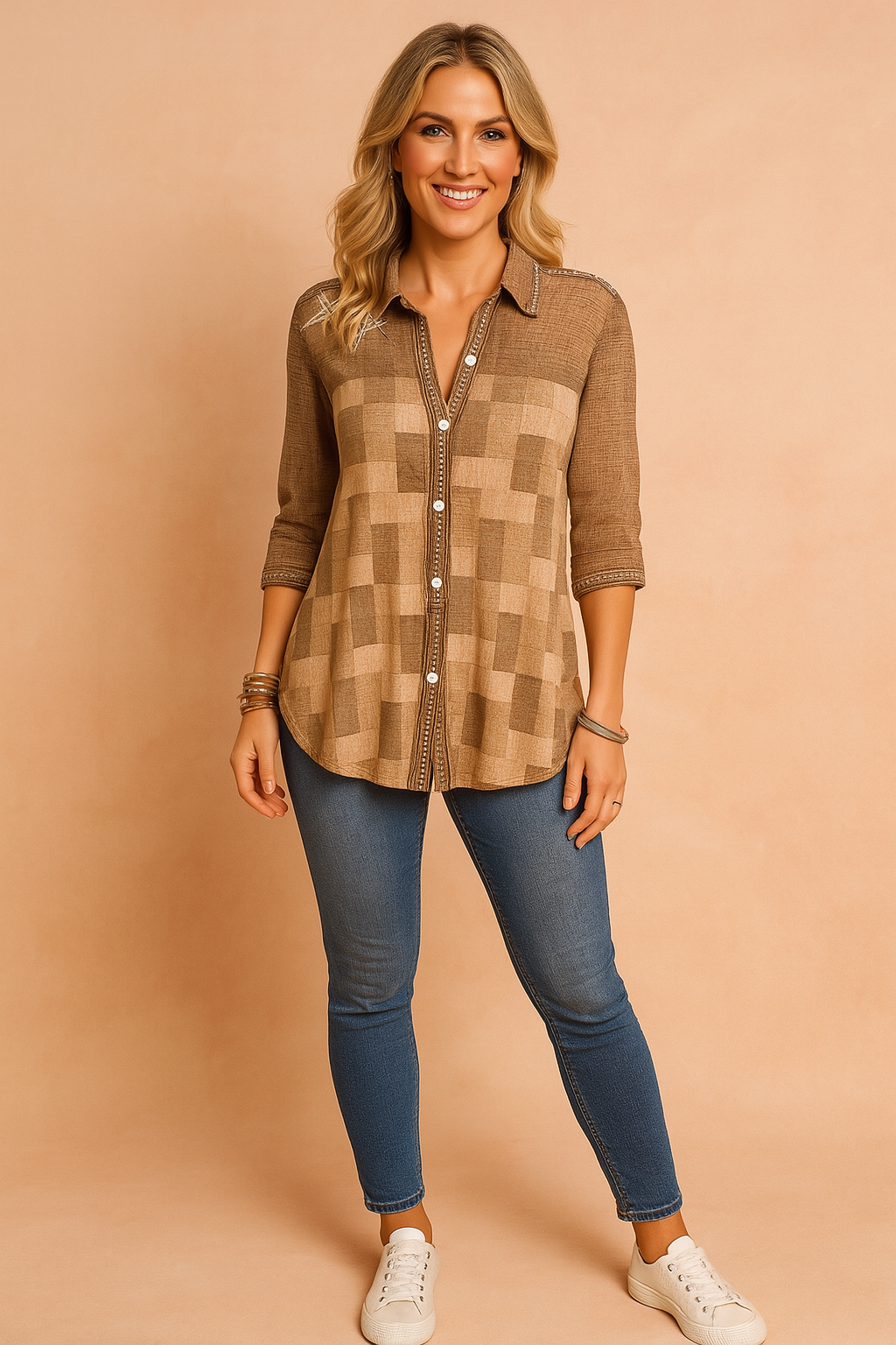 Women's patchwork button-down shirt with 3/4 sleeves. Relaxed fit casual blouse in multi-color design.
