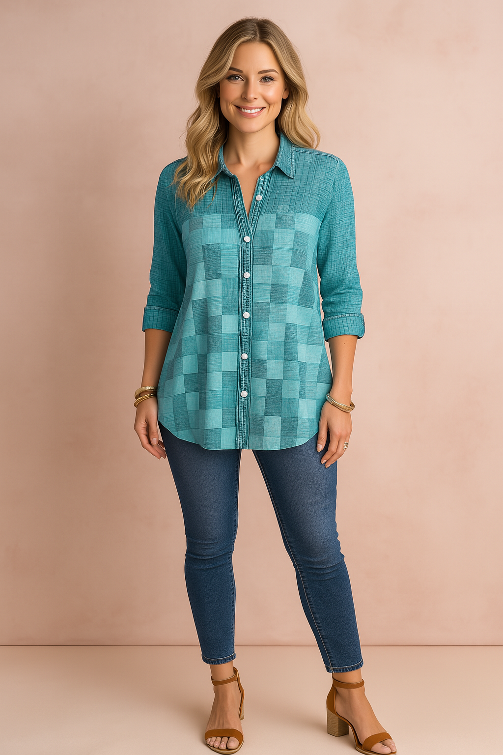 Stylish women's 3/4 sleeve patchwork blouse. Versatile button-down top, perfect for spring & summer fashion.