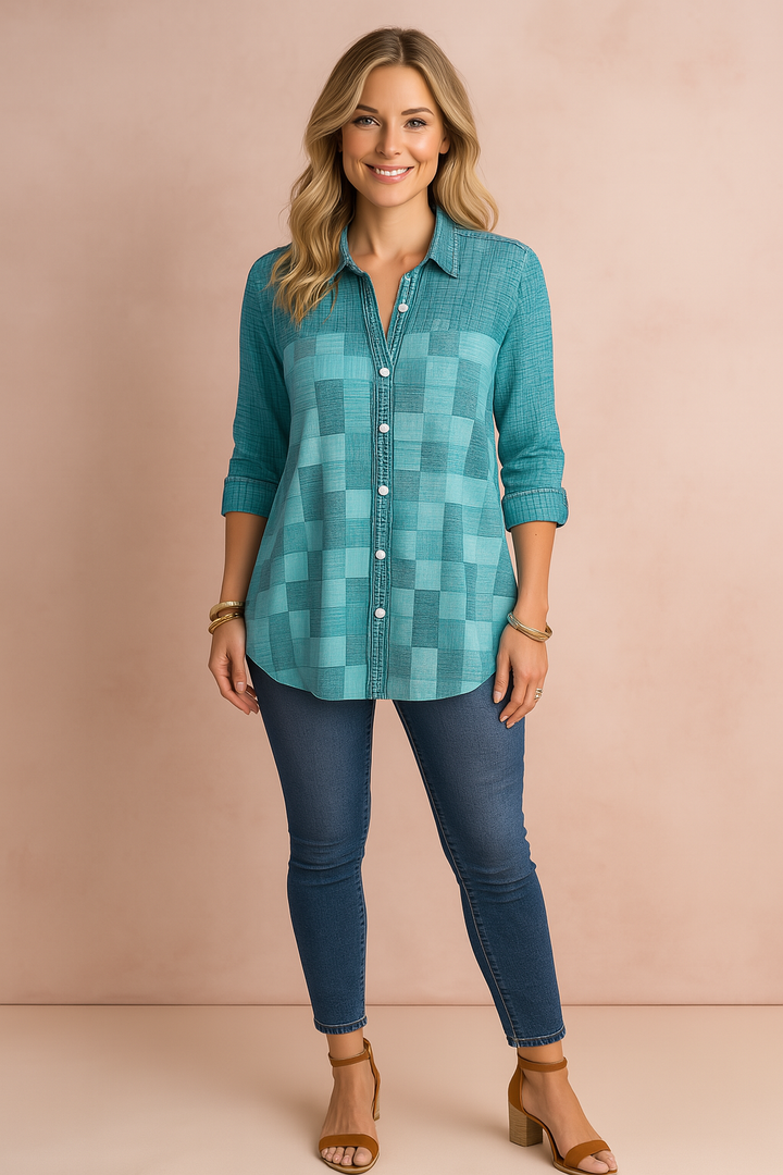 Stylish women's 3/4 sleeve patchwork blouse. Versatile button-down top, perfect for spring & summer fashion.