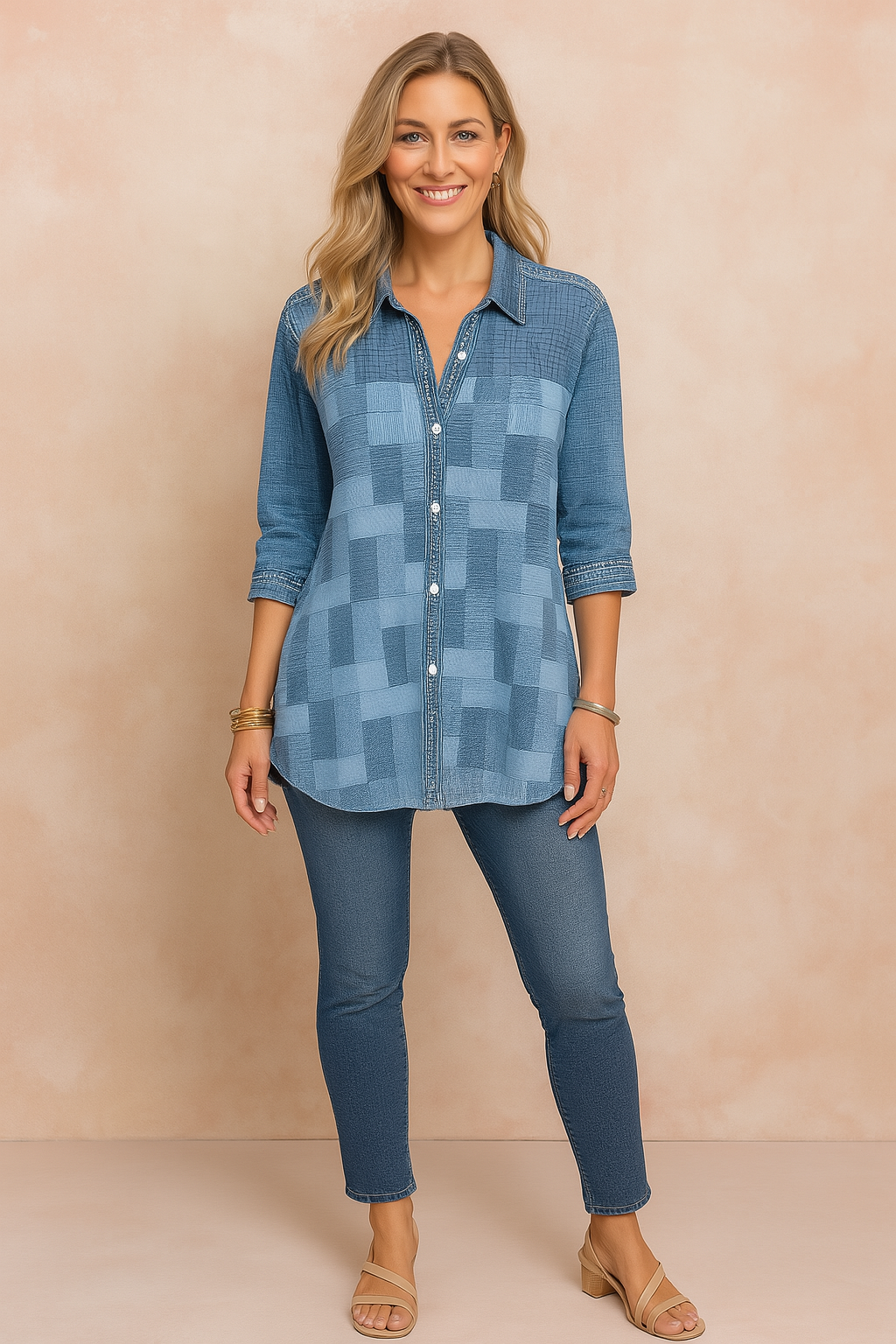 Casual women's collared patchwork shirt, featuring 3/4 sleeves & a loose button-down fit. Everyday feminine top.
