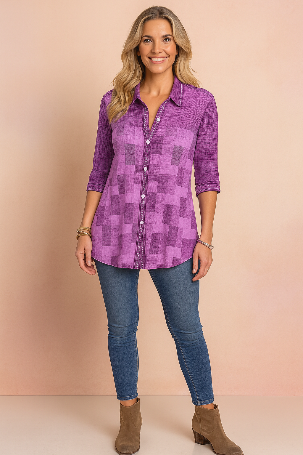 Trendy women's patchwork button-down shirt with 3/4 sleeves. Available in khaki, light blue, purple, denim blue.