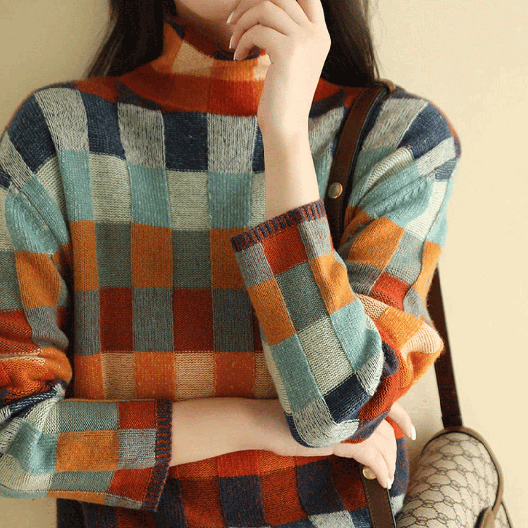Cozy women's patchwork cashmere turtleneck sweater, luxurious and warm knitwear for ultimate comfort.
