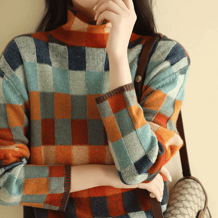 Cozy women's patchwork cashmere turtleneck sweater, luxurious and warm knitwear for ultimate comfort.