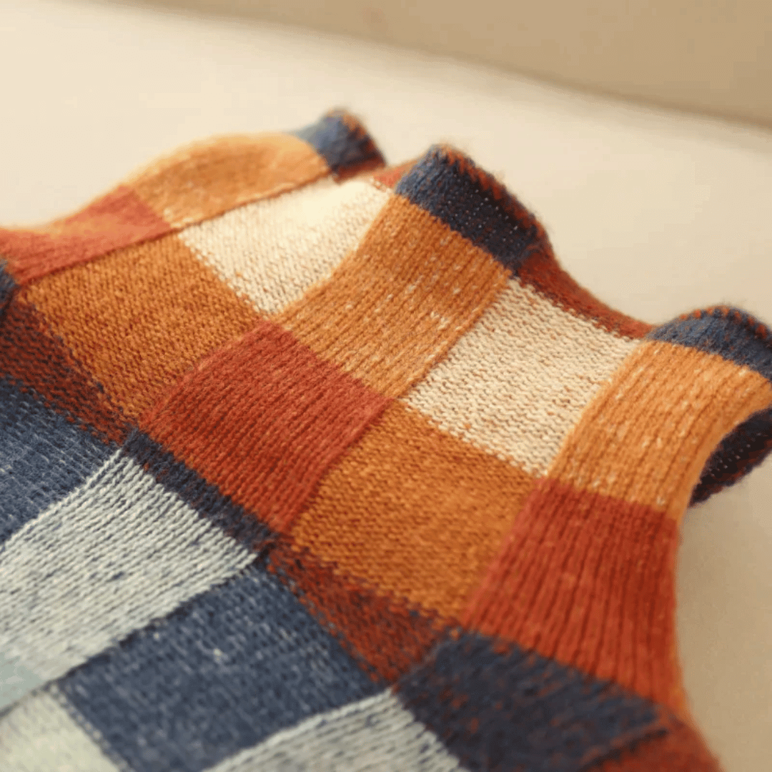 Luxury women's patchwork cashmere turtleneck sweater, a warm, cozy & elegant knitwear for winter.