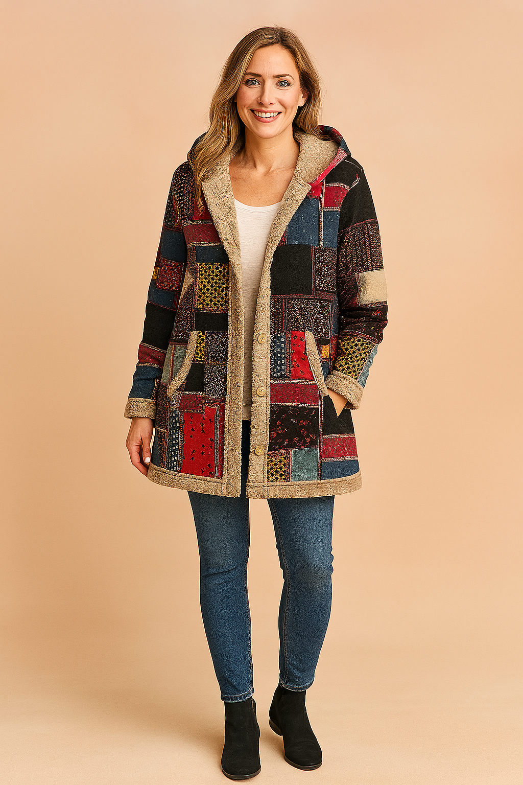 Women's patchwork hooded long coat, a unique boho winter jacket, perfect for warmth & style.