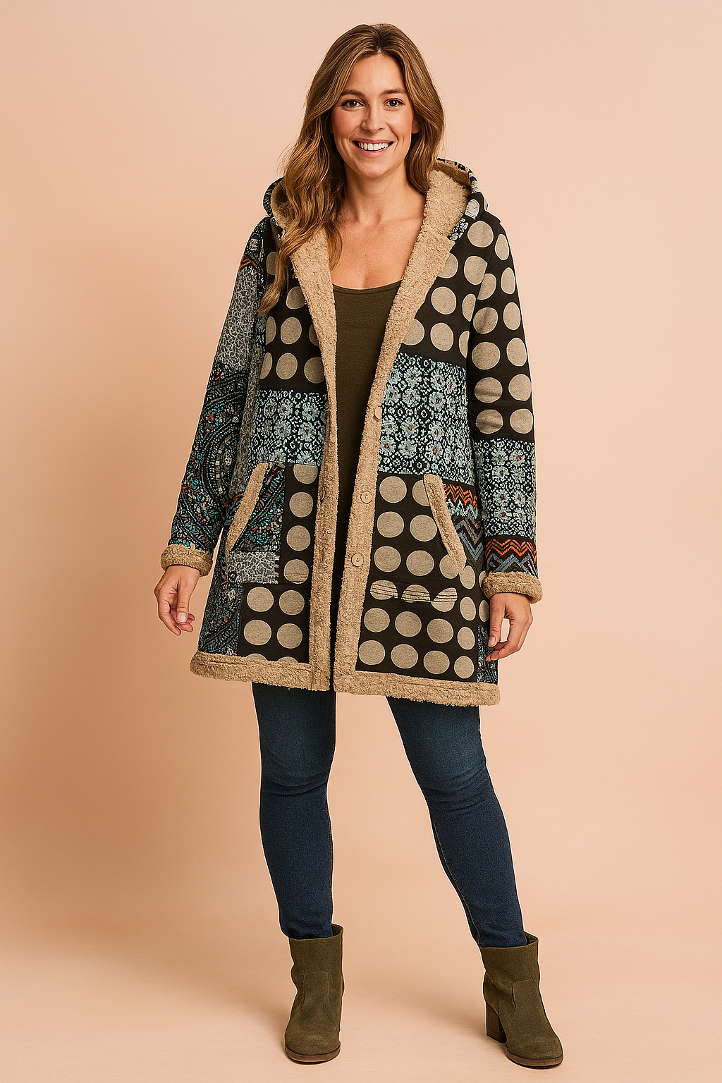 Warm & colorful women's patchwork long coat with hood, offering unique boho winter fashion & outerwear.