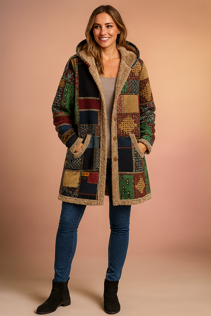 Boho style women's long patchwork coat with a cozy hood, unique colorful outerwear for winter fashion.