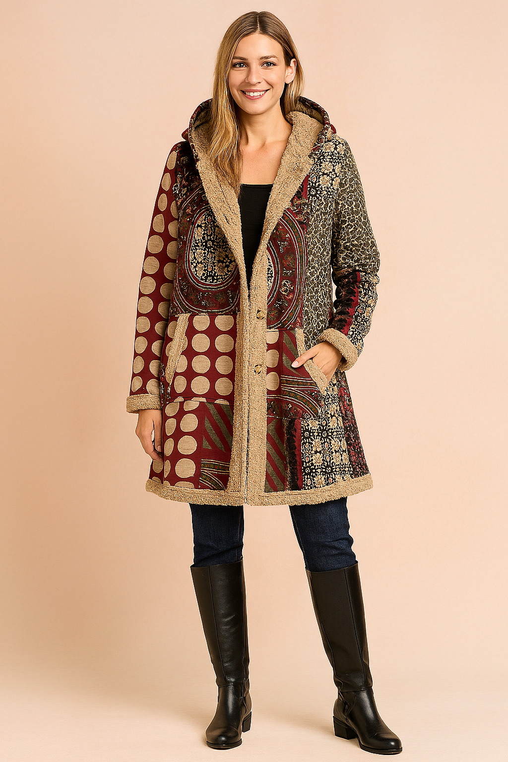 Unique women's patchwork long winter coat with hood, vibrant boho style outerwear for chilly days.
