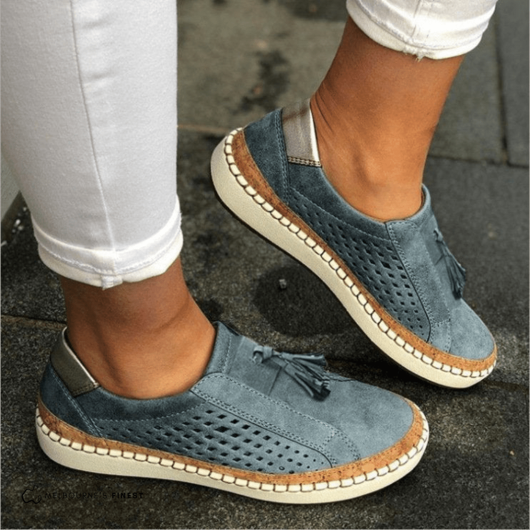 Breathable women's slip-on sneakers, orthopedic support, stylish perforated suede-look upper