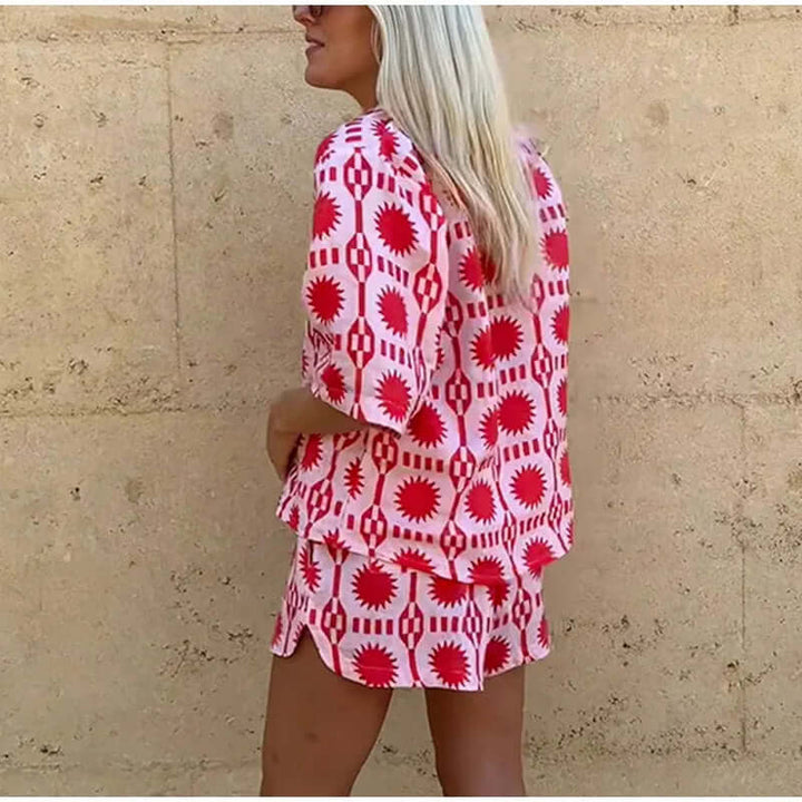 Matching women's geometric print co-ord set. Trendy pink two-piece for relaxed fit summer fashion & casual wear.
