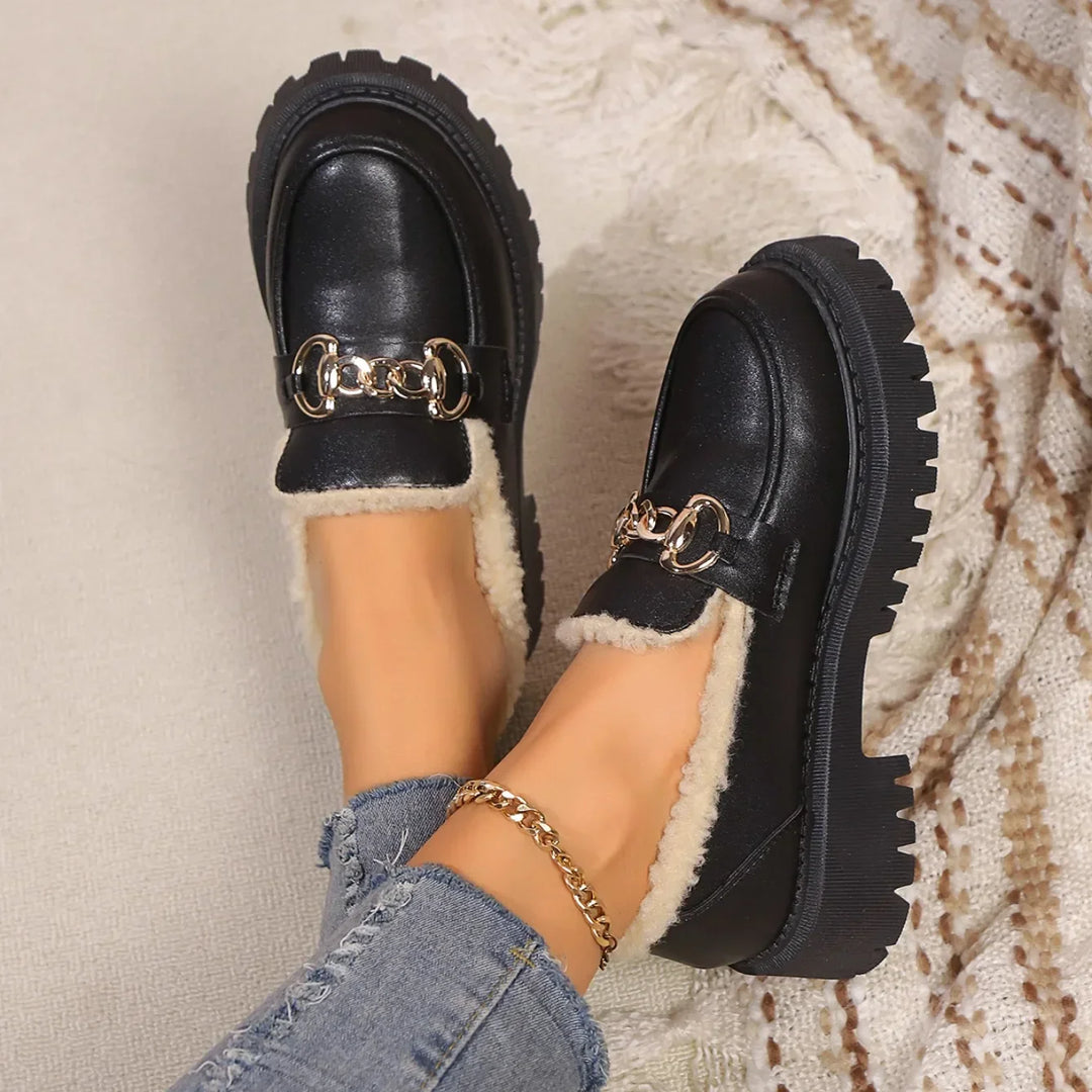 Women's platform loafers, chunky sole for cozy comfort. Perfect slip-on shoes for fall & winter everyday wear.