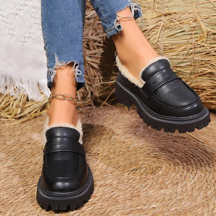 Women's slip-on platform loafers. Cozy, chunky sole shoes for fall & winter fashion, comfortable everyday wear.