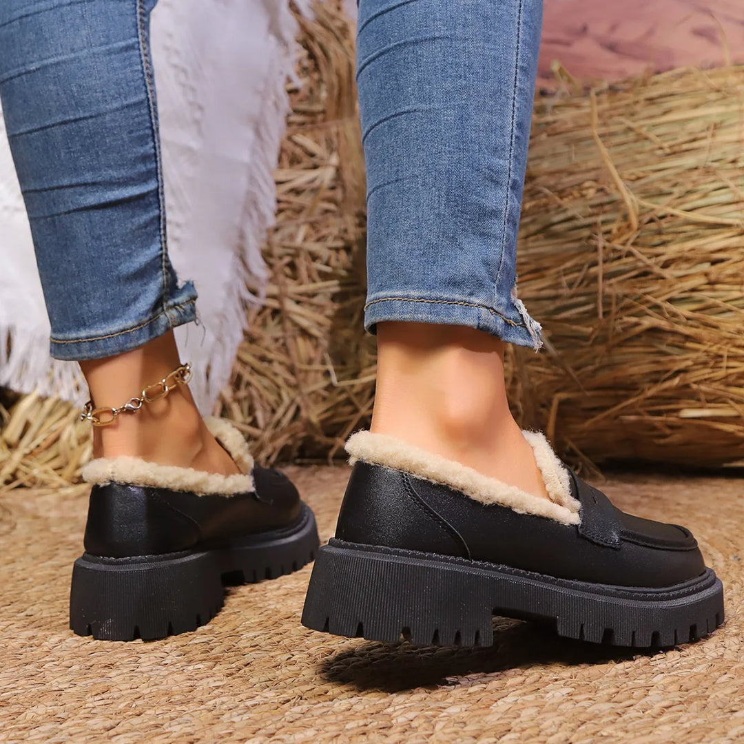 Women's platform loafers, cozy comfort. Chunky sole slip-on shoes for stylish fall & winter casual footwear.