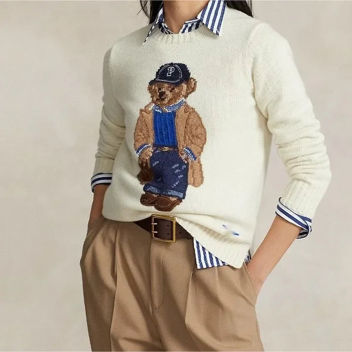 Soft knit women's playful bear sweater, offering cozy comfort & style. Cute long sleeve casual top for winter fashion.