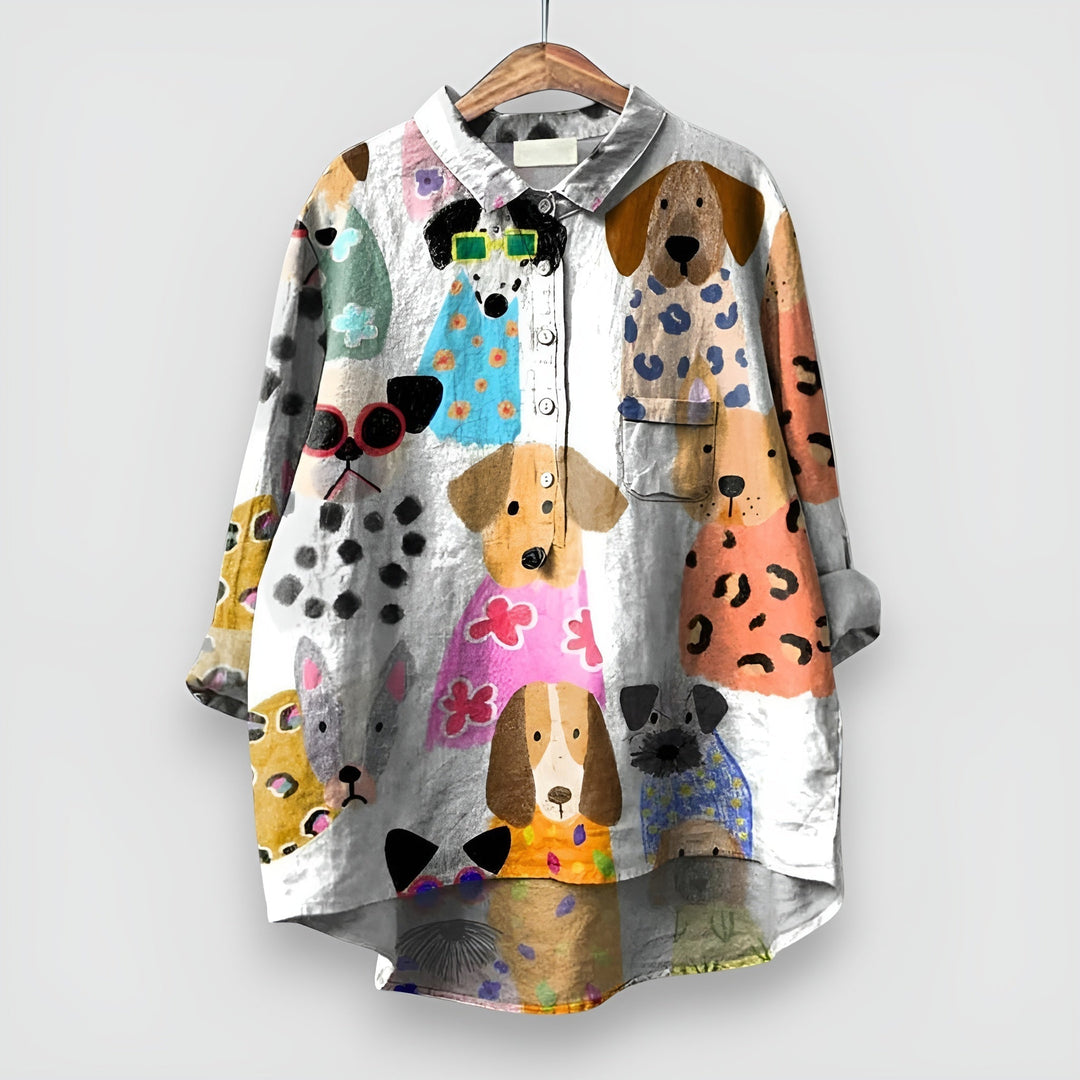 Women's playful dog print shirt, a comfortable & stylish casual top for everyday fashion.