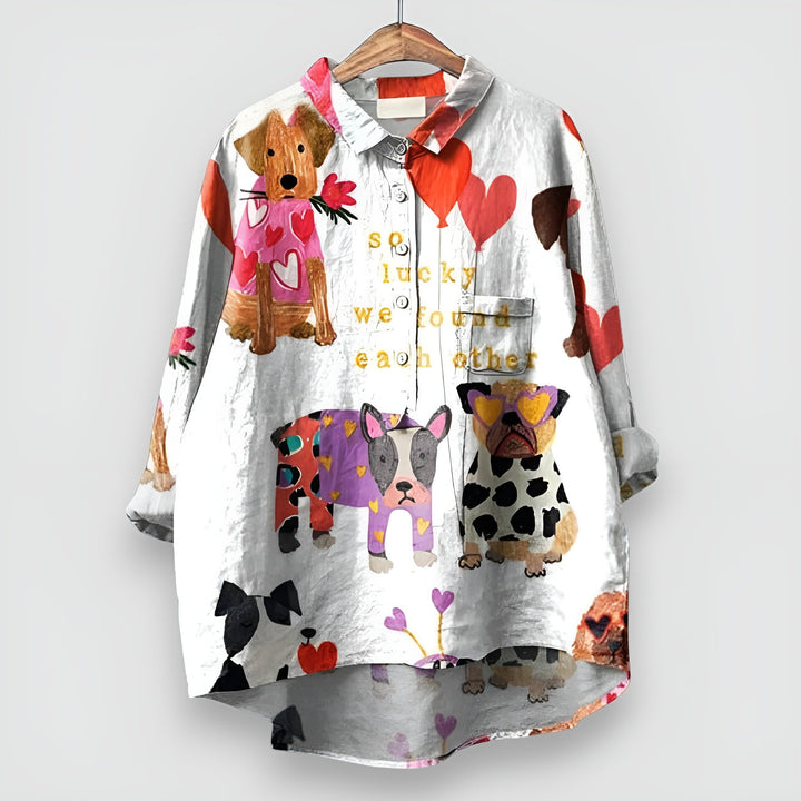Comfortable women's apparel: a playful dog print fashion top, ideal for casual & everyday style.