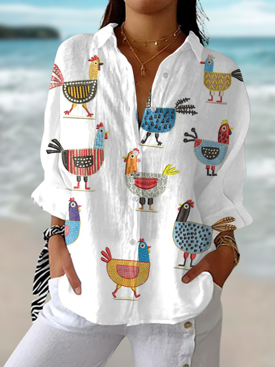 Women's playful hen print blouse; multicolor, relaxed fit, charming, casual chic top for spring & summer everyday wear.