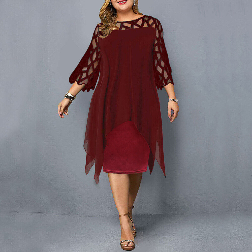 Blue plus size flowy midi dress. Comfortable and stylish midi length for curvy women.
