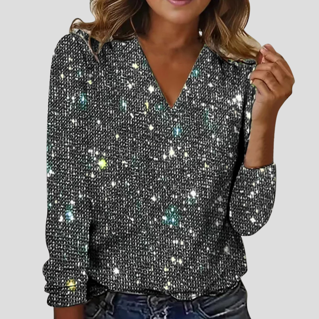 Women's plus size sparkling V-neck blouse, long sleeve. Elegant glitter top for party wear & special occasions.