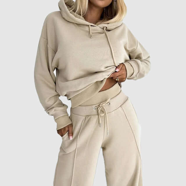 Women's plush beige loungewear set, a two-piece soft and cozy comfort wear for ultimate relaxation at home.
