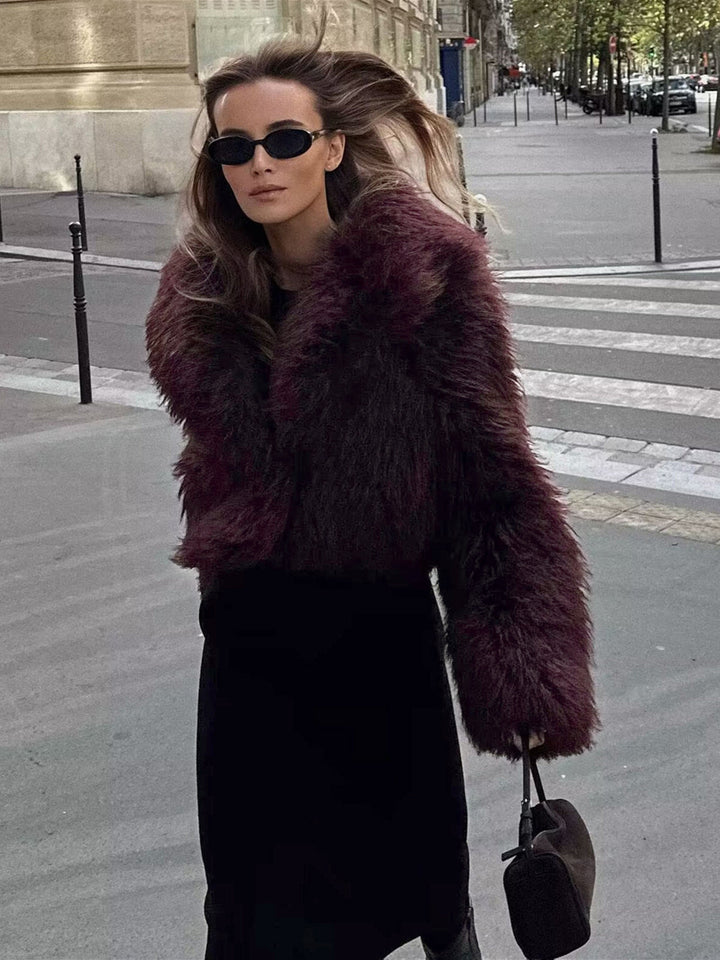 Soft plush burgundy cropped jacket for women. Stylish winter outerwear, perfect for a chic and trendy fashion statement.