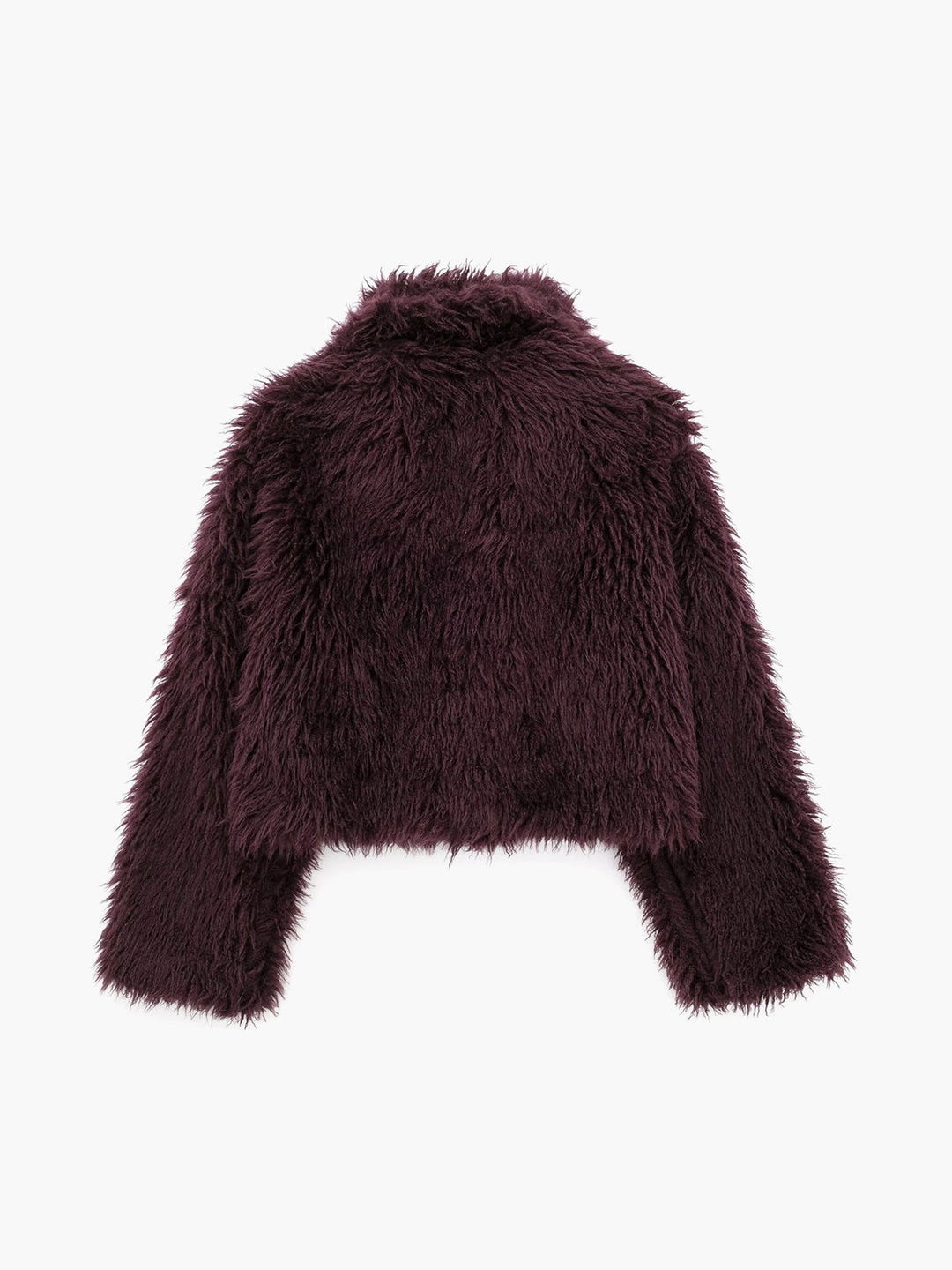Chic women's plush burgundy cropped coat. Trendy winter outerwear jacket, making a glamorous fashion statement.