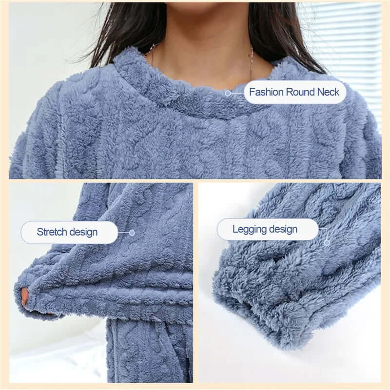 Stylish women's plush fleece pajama and loungewear set. Warm, comfortable, and perfect for home.