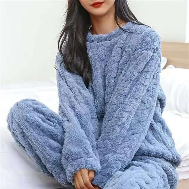 Warm women's fleece pajama set, perfect for cold winter nights. Super soft and cozy loungewear.