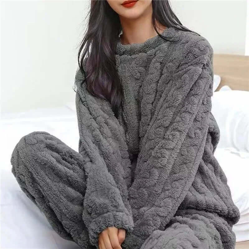 Relaxing women's fleece pajama set. Warm, soft, and comfortable sleepwear for a perfect night's rest.