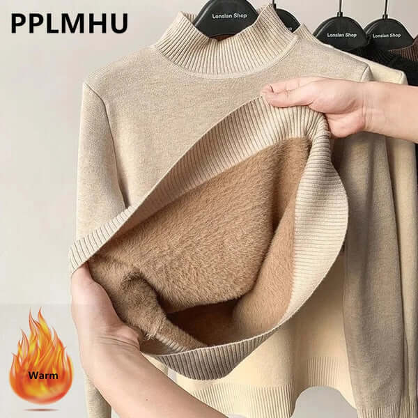 Women's plush lined knitted sweater, cozy & warm winter apparel.
