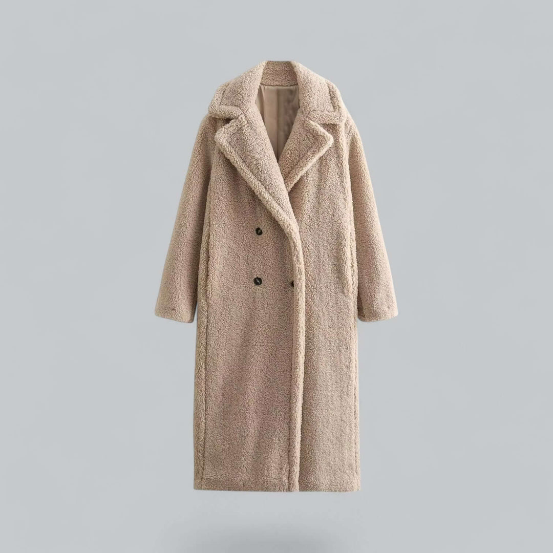 Cozy women's long teddy faux fur coat. Plush and warm, this stylish winter jacket offers chic comfort.