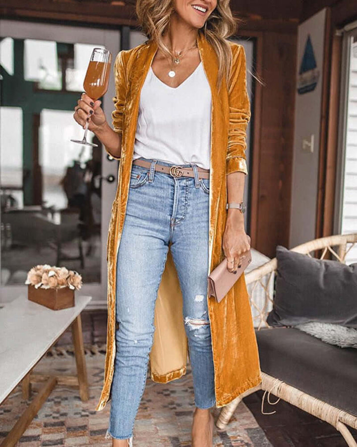 Women's plush velvet duster cardigan, elegant open front, longline style for comfortable layering.