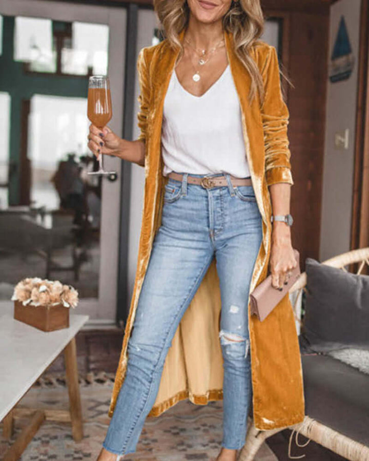 Women's open front duster cardigan, crafted from plush velvet with a flattering longline design.