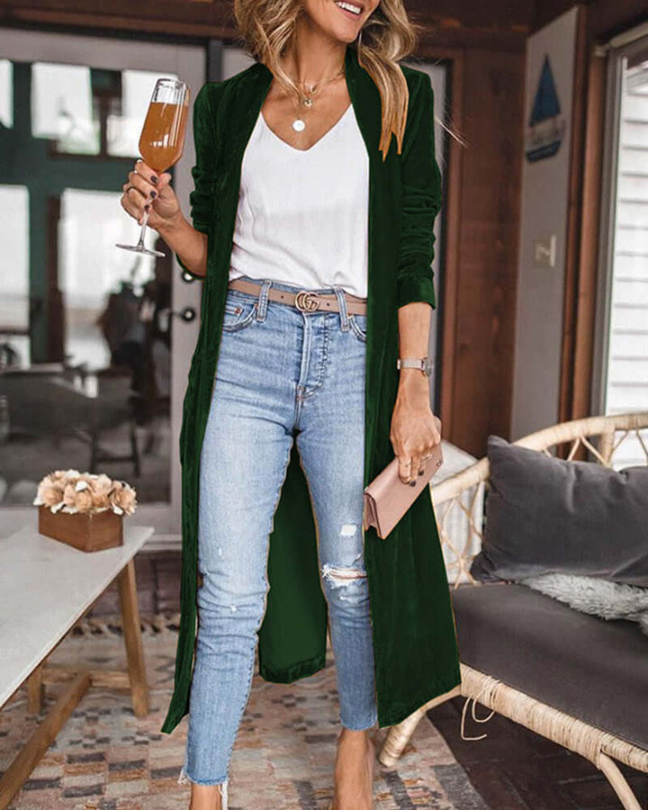 Elegant women's velvet duster cardigan in plush fabric, longline with an open front for chic fall/winter style.