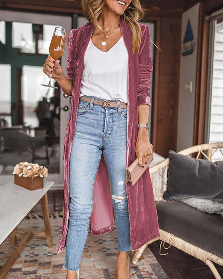 Soft plush velvet duster cardigan for women, featuring a longline silhouette and elegant open front design.