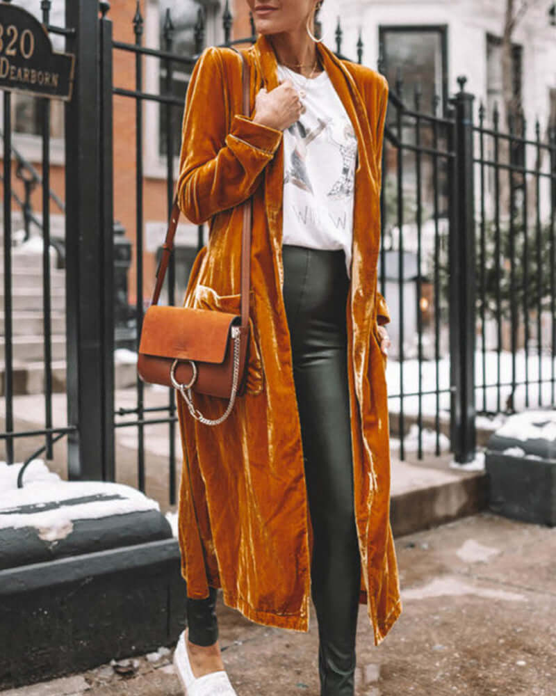 Sophisticated women's longline velvet cardigan, open front duster style for elegant casual or dressy looks.