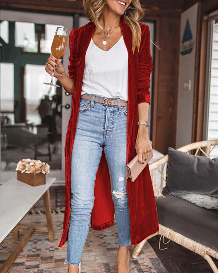 Plush velvet women's duster cardigan, elegant open front, longline for comfortable fall/winter layering.