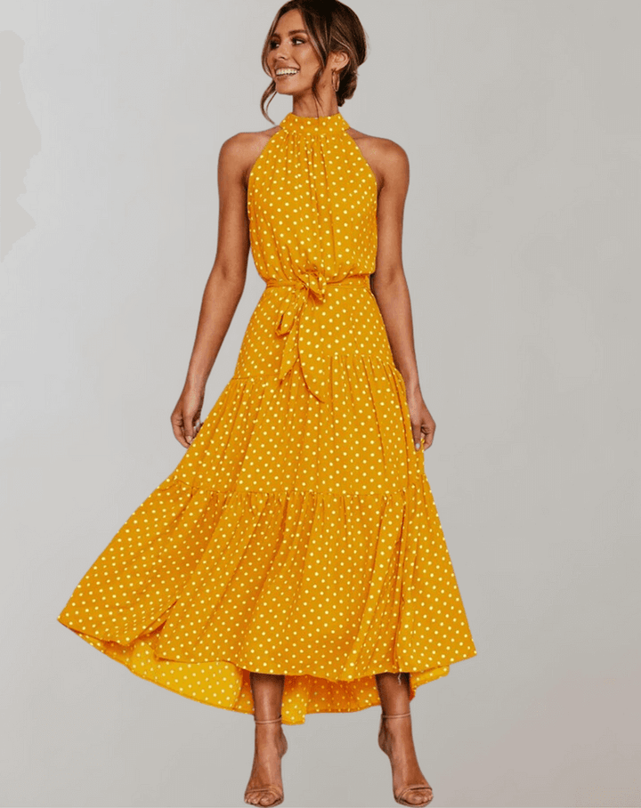 Women's Polka Dot Halter Maxi Dress, a comfortable & stylish summer dress.