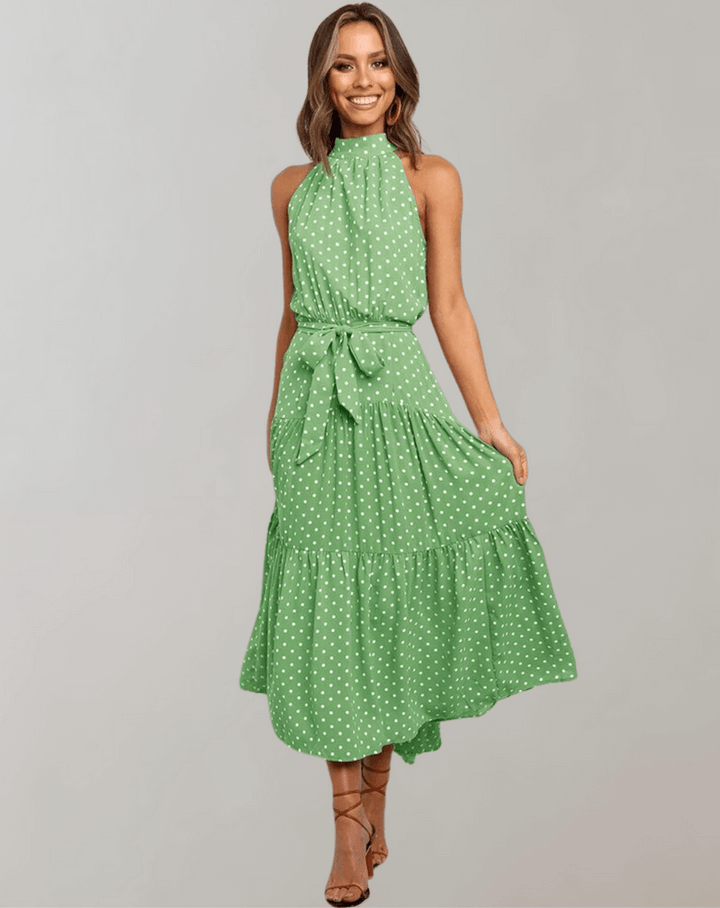 Must-have women's summer polka dot halter maxi dress, for ultimate warm weather fashion.