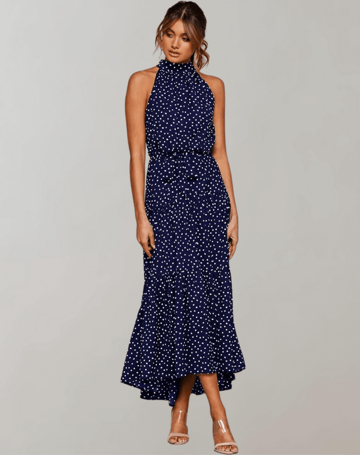 Women's polka dot halter maxi dress, comfortable & stylish for any summer occasion.