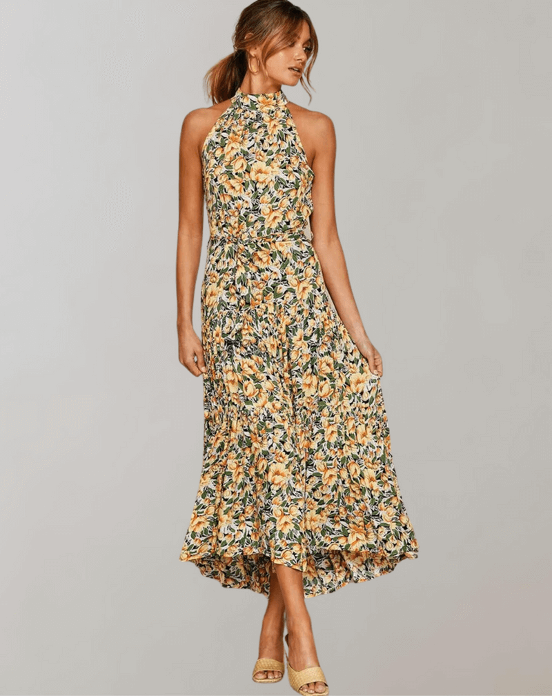 Elegant women's polka dot halter maxi dress, perfect for beachwear & casual summer fashion.