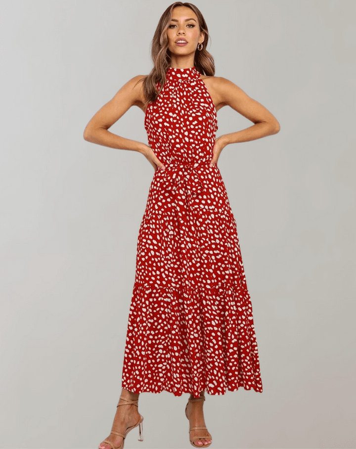 Breezy & comfortable polka dot halter maxi dress for women, ideal summer style.