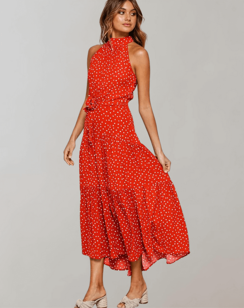 Casual women's polka dot halter maxi dress, great for summer parties & relaxed days.