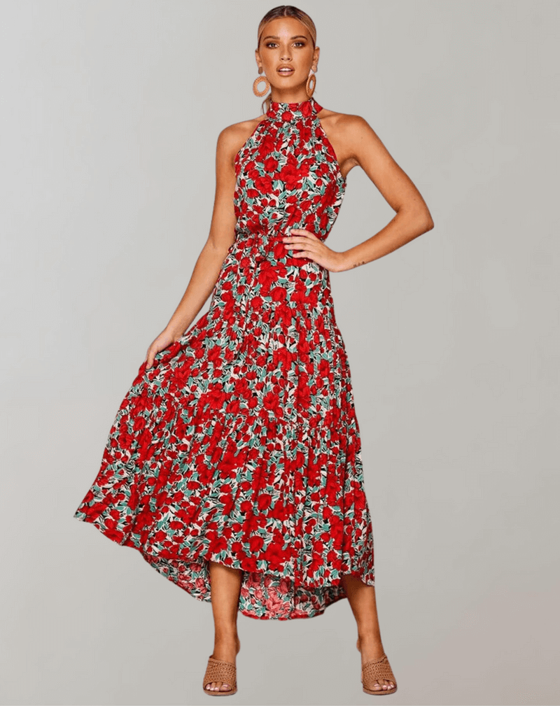 Flattering halter neck polka dot maxi dress for women, perfect for summer elegance.