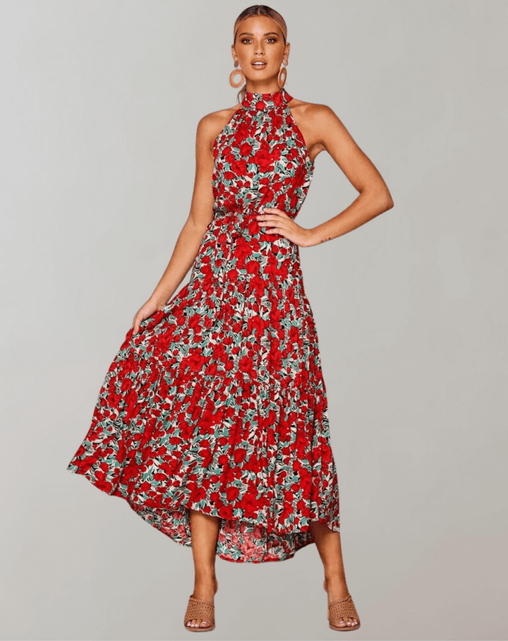 Flattering halter neck polka dot maxi dress for women, perfect for summer elegance.
